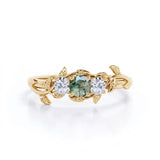 Leafy 1 Carat Round Moss Agate Three Stone Engagement Ring