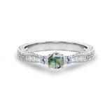 Nature-Inspired Three Stone Trellis 0.7 carat Moss Agate and Moissanite Engagement Ring in White Gold
