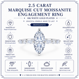 JeenMata 2.50 Carat Marquise Cut Moissanite Engagement Ring for Her, Solitaire Marquise Ring with Round & Marquise Side Stones in 18K White Gold Plating for Women