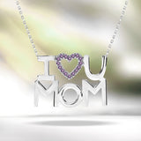 I Love U Mom Purple Stone Embellished Open Heart Pendant Necklace in 18K White Gold over Silver - February Birthstone - Gift for Mom