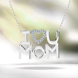I Love U Mom White Stone Embellished Open Heart Pendant Necklace in 18K White Gold over Silver - April Birthstone - Gift for Mom