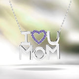 I Love U Mom Multi-Color Purple Stone Embellished Open Heart Pendant Necklace in 18K White Gold over Silver - June Birthstone - Gift for Mom
