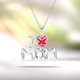 I Love Mom Heart Shaped Strong Strong Red Stone Pendant Necklace with 18K White Gold over Silver - July Birthstone - Mother's Day Jewelry Gift