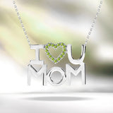 I Love U Mom Light Green Stone Embellished Open Heart Pendant Necklace in 18K White Gold over Silver - August Birthstone - Gift for Mom
