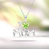 I Love Mom Heart Shaped Light Green Stone Pendant Necklace with 18K White Gold over Silver - August Birthstone - Mother's Day Jewelry Gift