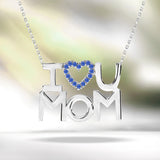 I Love U Mom Dark Blue Stone Embellished Open Heart Pendant Necklace in 18K White Gold over Silver - September Birthstone - Gift for Mom