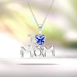 I Love Mom Heart Shaped Dark Blue Stone Pendant Necklace with 18K White Gold over Silver - September Birthstone - Mother's Day Jewelry Gift