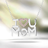 I Love U Mom Pink Stone Embellished Open Heart Pendant Necklace in 18K White Gold over Silver - October Birthstone - Gift for Mom