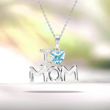 I Love Mom Heart Shaped Light Blue Stone Pendant Necklace with 18K White Gold over Silver - December Birthstone - Mother's Day Jewelry Gift