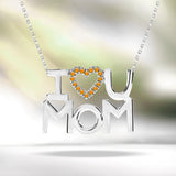 I Love U Mom Yellow Stone Embellished Open Heart Pendant Necklace in 18K White Gold over Silver - November Birthstone - Gift for Mom