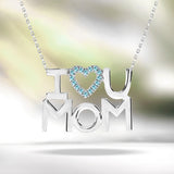 I Love U Mom Light Blue Stone Embellished Open Heart Pendant Necklace in 18K White Gold over Silver - December Birthstone - Gift for Mom