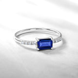 Emerald Cut Blue Sapphire - September Birthstone Solitaire Engagement Ring in 18k White Gold Over Silver