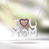 I Love U Mom Red Stone Embellished Open Heart Pendant Necklace in 18K White Gold over Silver - January Birthstone - Gift for Mom