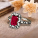 Vintage 1.35 Ct Emerald Cut Lab Ruby Engagement Ring