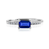 Emerald Cut Blue Sapphire - September Birthstone Solitaire Engagement Ring in 18k White Gold Over Silver