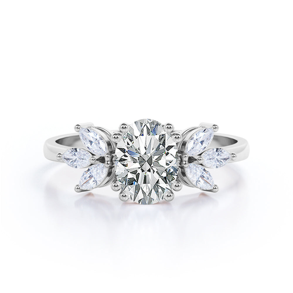 Beautiful Clustered Leaf 0.6 carat Oval Moissanite and cubic zirconia Engagement Ring in Black Gold