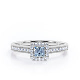 Halo Design 1.25 Carat Princess Cut Aquamarine Milgrain-Bordered Pave-Channel Engagement Ring in White Gold