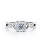 1.25 Carat Princess Cut Moissanite and diamond - Half Crossover Pave - Halo Engagement Ring in White Gold