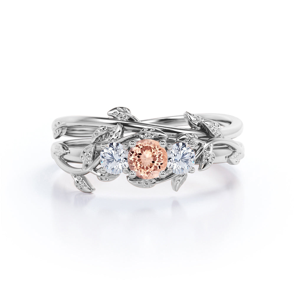 Nature-Inspired Trio Stone 1 ct Round Morganite Bridal Ring Set