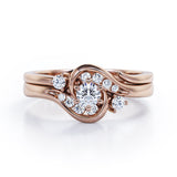6 Prong Tension Design - 0.55 TCW Round Shaped Moissanite and Diamond - Flush Chanel Wedding Ring Set - Rose Gold