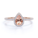 1.50 ct Pear Shaped Morganite with Moissanite Halo Engagement Ring in 18K Rose Gold over Silver
