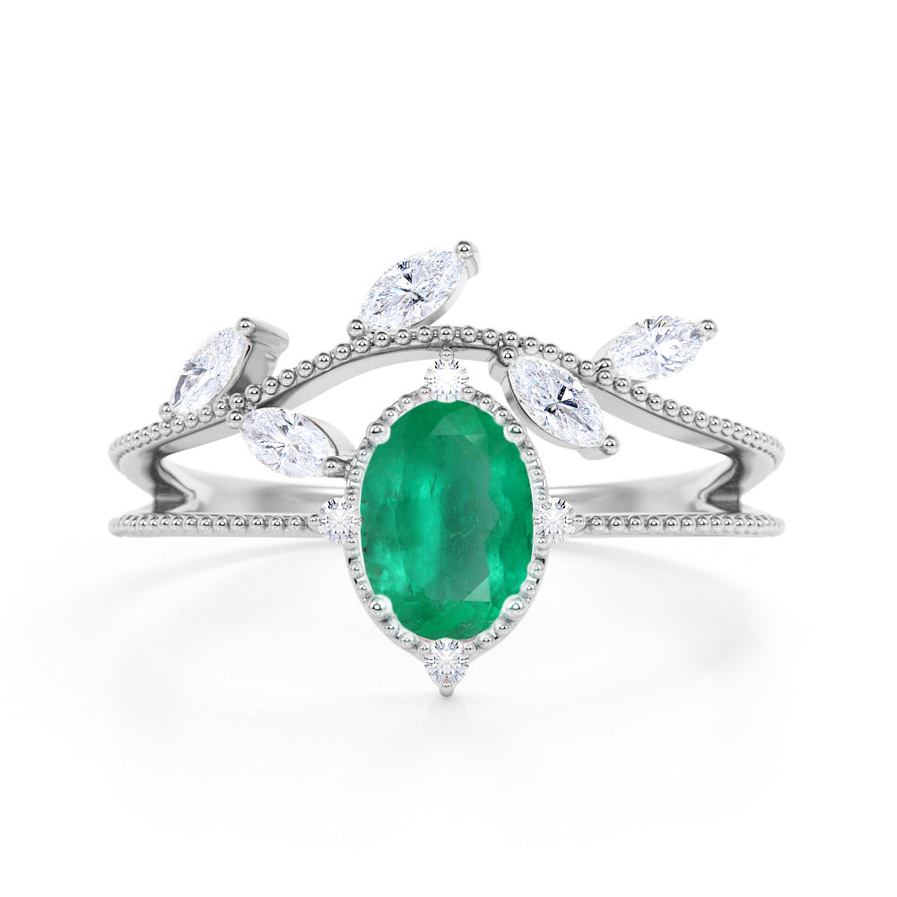 Leaf Design 1.25 Carat Oval Emerald and Diamond Vintage Split Shank Engagement Ring in White Gold