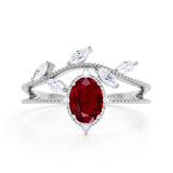 Leaf Design 1.25 Carat Oval Lab Ruby and Diamond Vintage Split Shank Engagement Ring in White Gold