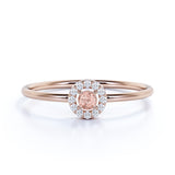 Petite Round Shape Peachy Pink Morganite and Diamond Halo Engagement Ring in Rose Gold