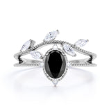 Leaf Design 1.45 Carat Oval Lab Black Diamond and Vintage Split Shank Engagement Ring in White Gold