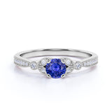 Leaves 1 Carat Round Cornflower Blue Sapphire and Diamond Modern Art Deco Engagement Ring in White Gold