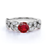 Floral 1.20 Carat Round Lab-Created Ruby and Diamond Antique Leaf Engagement Ring in White Gold