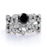 Modern Art Deco 1.50 Carat Round Brilliant Cut Lab Black Diamond and Leaf Bridal Ring Set in White Gold