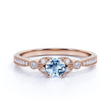 Leaves 1 ct Round Aquamarine Art Deco Engagement Ring