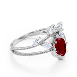 Leaf Design 1.25 Carat Oval Lab Ruby and Diamond Vintage Split Shank Engagement Ring in White Gold