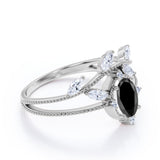 Leaf Design 1.45 Carat Oval Lab Black Diamond and Vintage Split Shank Engagement Ring in White Gold