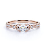 Leaves 1 Carat Round Moissanite and Diamond Modern Art Deco Engagement Ring in Rose Gold