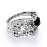 Modern Art Deco 1.50 Carat Round Brilliant Cut Lab Black Diamond and Leaf Bridal Ring Set in White Gold