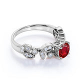 Floral 1.20 Carat Round Lab-Created Ruby and Diamond Antique Leaf Engagement Ring in White Gold