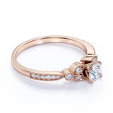 Leaves 1 Carat Round Moissanite and Diamond Modern Art Deco Engagement Ring in Rose Gold
