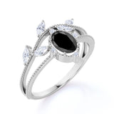 Leaf Design 1.45 Carat Oval Lab Black Diamond and Vintage Split Shank Engagement Ring in White Gold