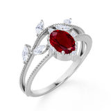 Leaf Design 1.25 Carat Oval Lab Ruby and Diamond Vintage Split Shank Engagement Ring in White Gold