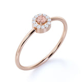 Petite Round Shape Peachy Pink Morganite and Diamond Halo Engagement Ring in Rose Gold