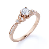 Leaves 1 Carat Round Moissanite and Diamond Modern Art Deco Engagement Ring in Rose Gold