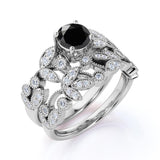 Modern Art Deco 1.50 Carat Round Brilliant Cut Lab Black Diamond and Leaf Bridal Ring Set in White Gold