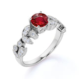 Floral 1.20 Carat Round Lab-Created Ruby and Diamond Antique Leaf Engagement Ring in White Gold