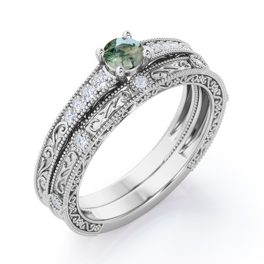Vintage Edwardian 0.6 Ct Round Moss Agate Bridal Set