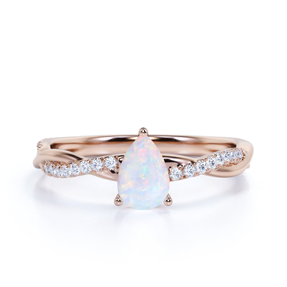 Twisted 1 Carat Teardrop Pinfire Opal and Diamond Infinity Engagement Ring in Rose Gold