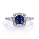 Half Eternity 2 Carat Cushion Vivid Blue Sapphire and Diamond Art Deco Engagement Ring in White Gold