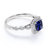Half Eternity 2 Carat Cushion Vivid Blue Sapphire and Diamond Art Deco Engagement Ring in White Gold