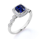 Half Eternity 2 Carat Cushion Vivid Blue Sapphire and Diamond Art Deco Engagement Ring in White Gold